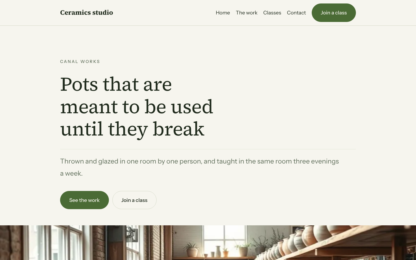 The home page of the Ceramics studio design