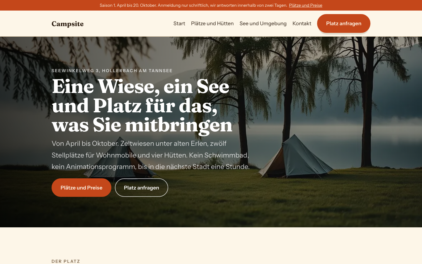 The home page of the Campsite design