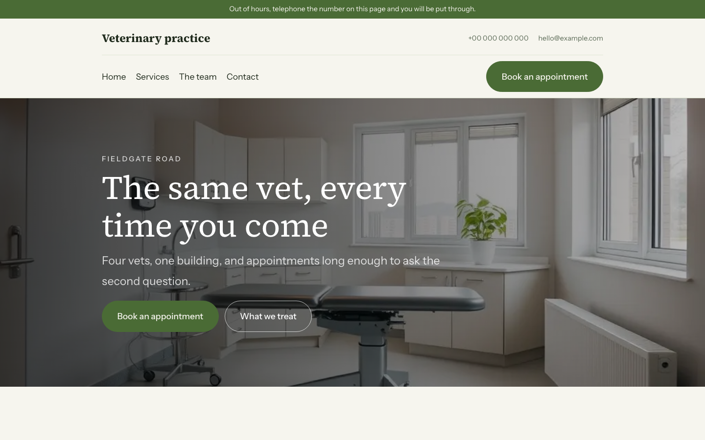 The home page of the Veterinary practice design