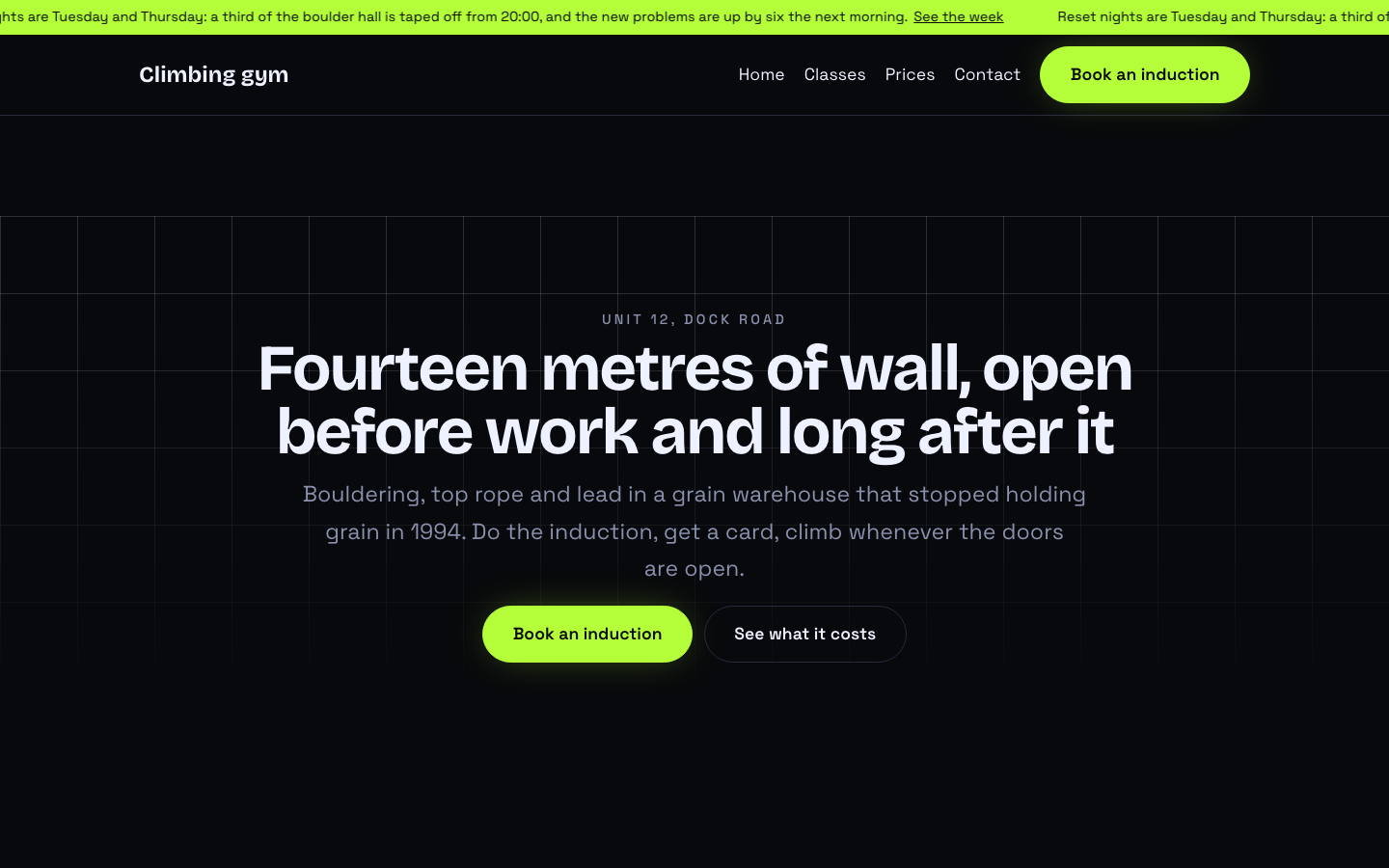 The home page of the Climbing gym design
