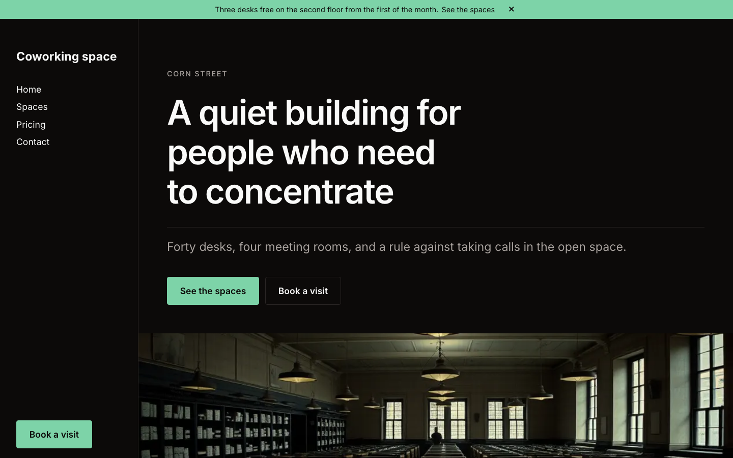 The home page of the Coworking space design