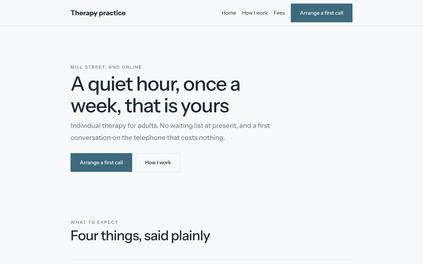 The home page of the Therapy practice design