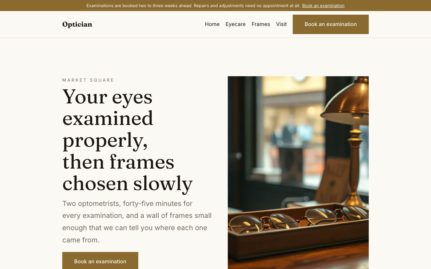 The home page of the Optician design