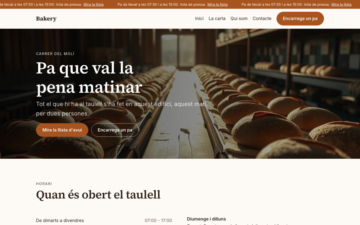 The home page of the Bakery design