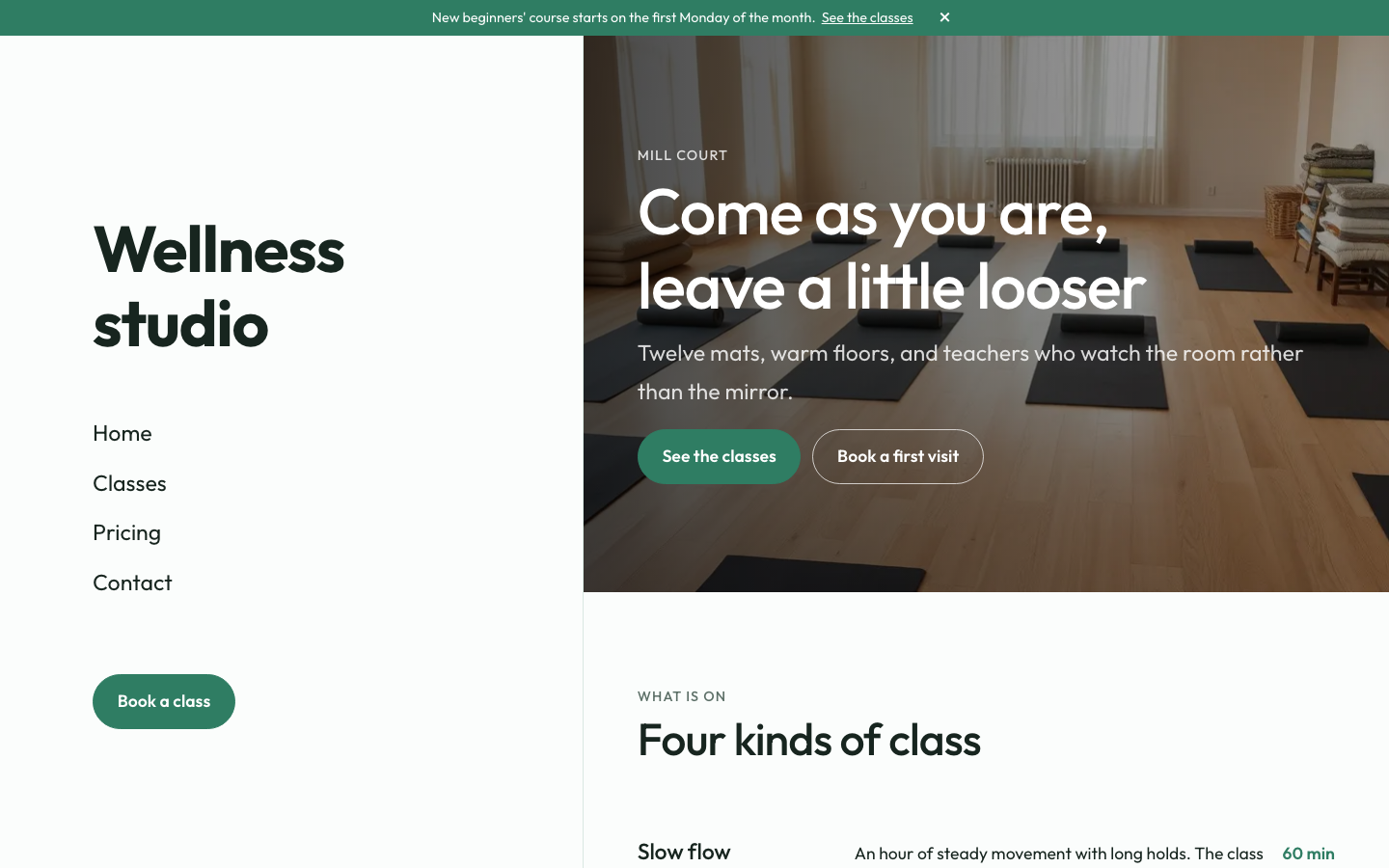 The home page of the Wellness studio design