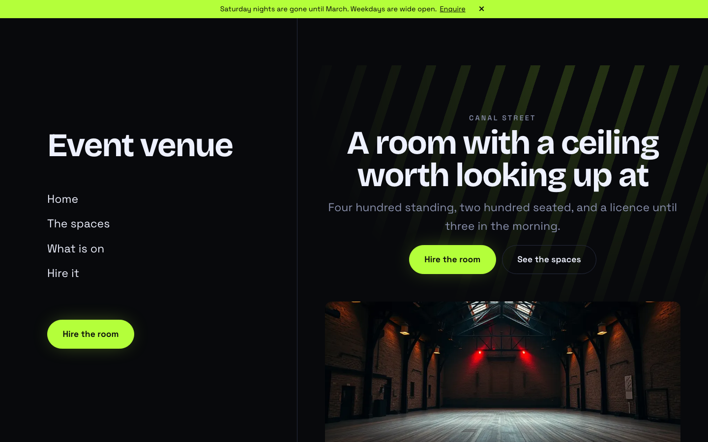 The home page of the Event venue design