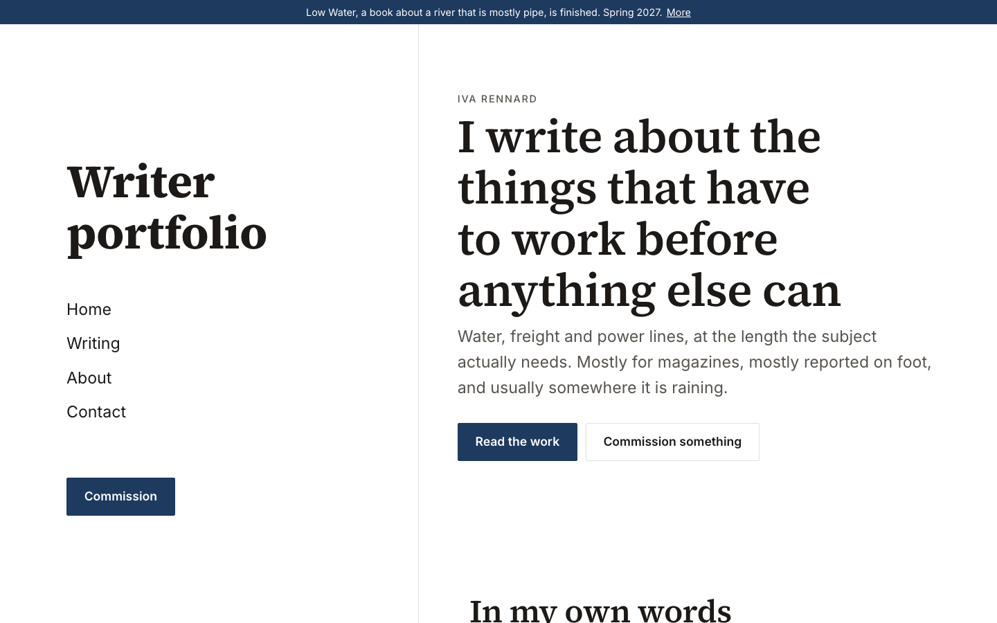 The home page of the Writer portfolio design