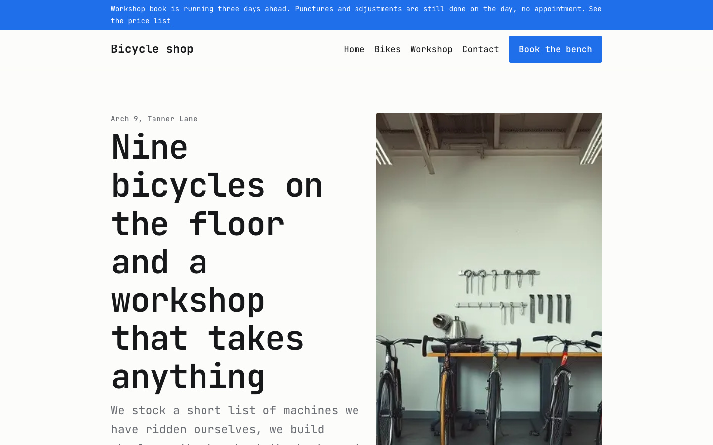 The home page of the Bicycle shop design