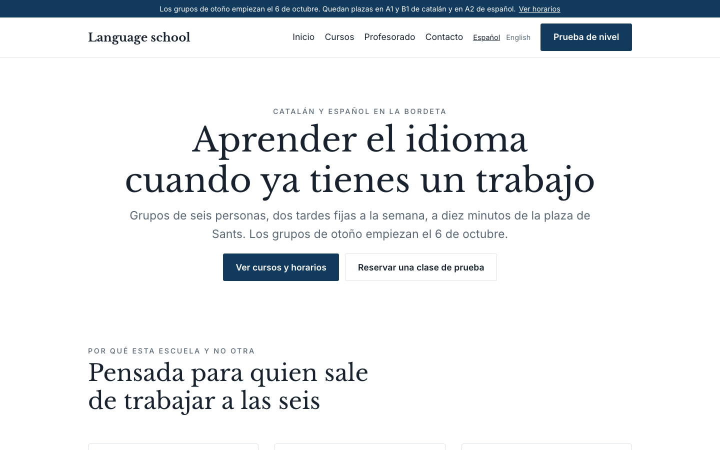 The home page of the Language school design