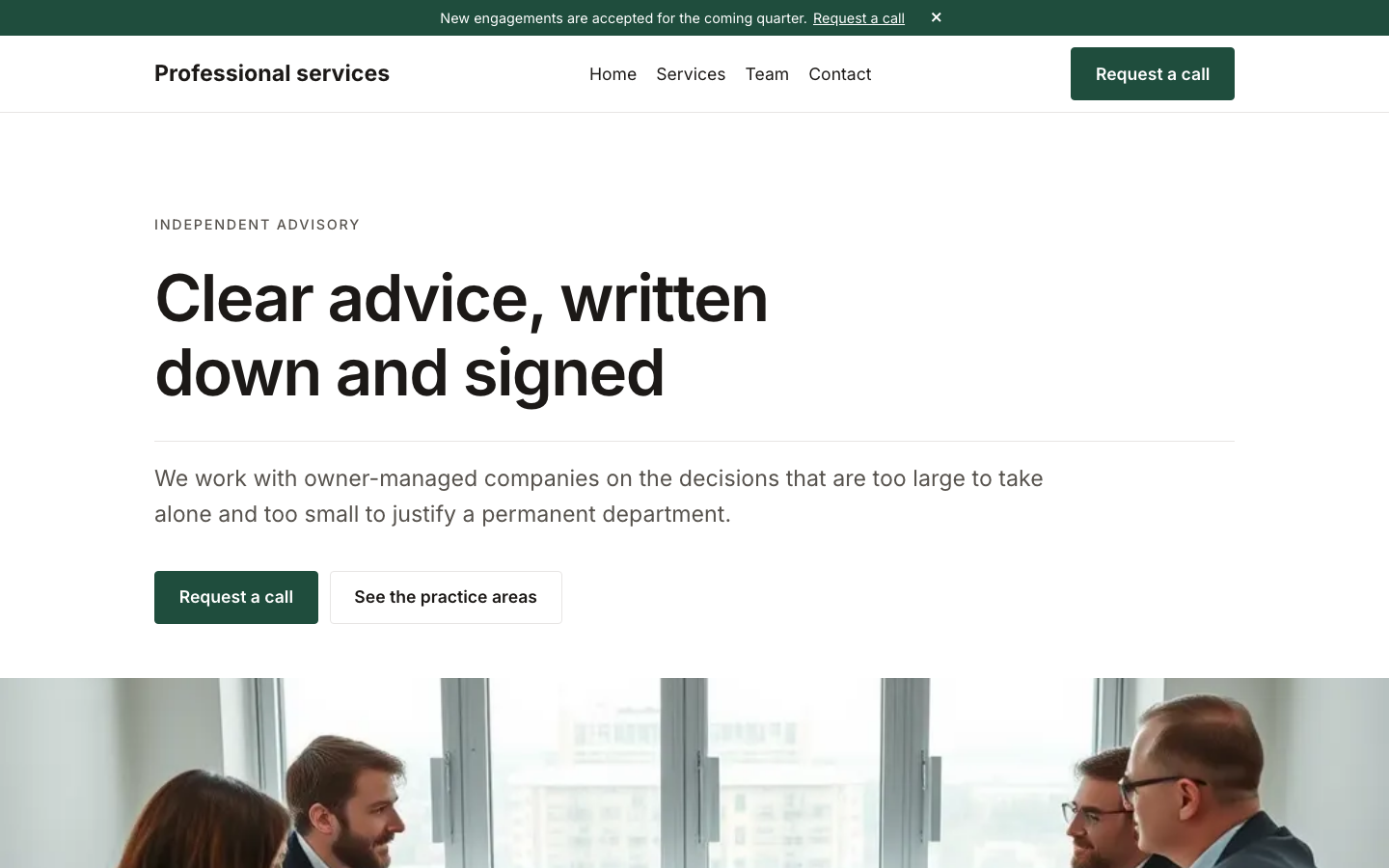 The home page of the Professional services design